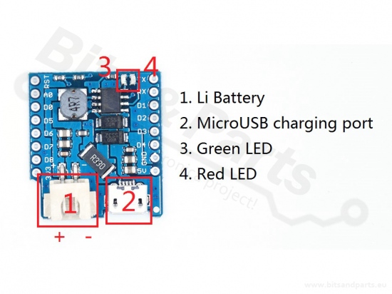 WeMos D1 mini oplader / batterijshield